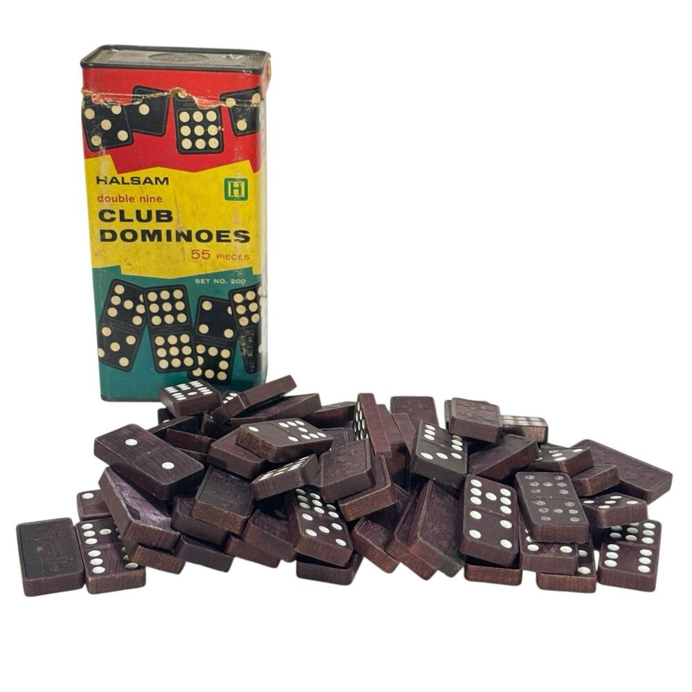 Vintage Halsam Playskool Double Nine Wooden Dominoes In Original Box 55 Pieces